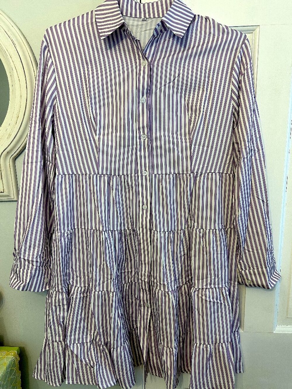 Purple and White Striped Mini Dress with 3/4 Sleeves.